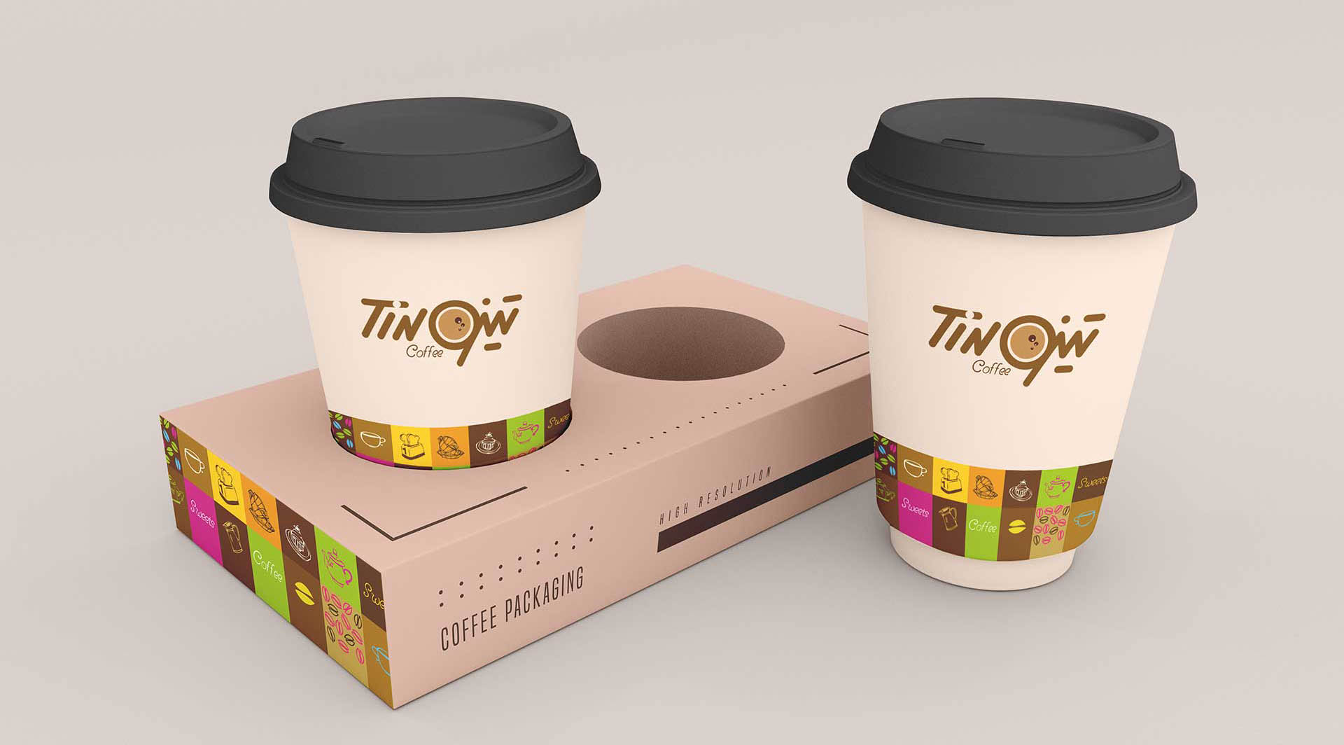 Disposable coffee cup with box mockup